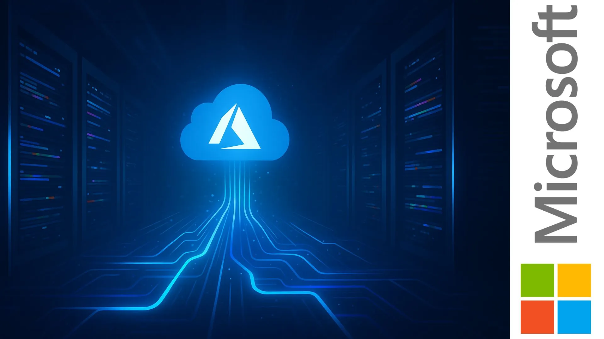 centro de datos futurista iluminado en azul con el logo de Microsoft Azure y líneas digitales que representan conexiones en la nube