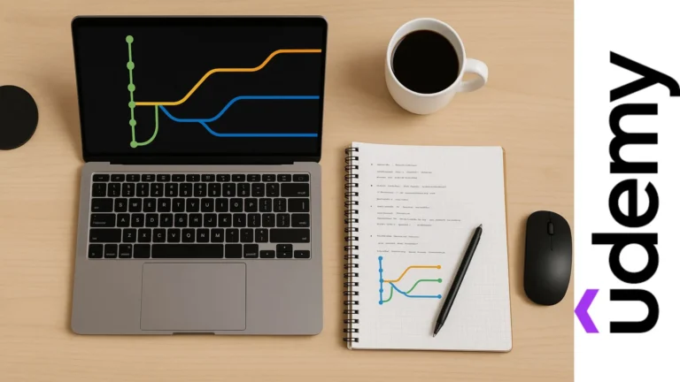 vista superior de escritorio con laptop mostrando ramas de Git, cuaderno con apuntes, taza de café y ratón sobre fondo de madera