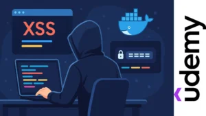 Ilustración digital de un hacker ético trabajando en un laboratorio virtual con Docker y líneas de código de colores en pantalla, sin texto visible.