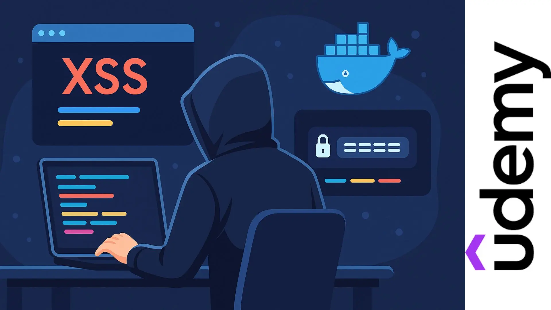 Ilustración digital de un hacker ético trabajando en un laboratorio virtual con Docker y líneas de código de colores en pantalla, sin texto visible.