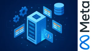 Ilustración de servidor con íconos flotantes de bases de datos y engranajes, representando el desarrollo back-end y el uso de SQL.