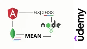 Diagrama visual del stack MEAN con logos de MongoDB, Express, Angular y Node conectados en un diseño minimalista