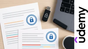 Vista superior de documentos fiscales con sellos digitales, firma electrónica USB y teclado iluminado sobre escritorio moderno