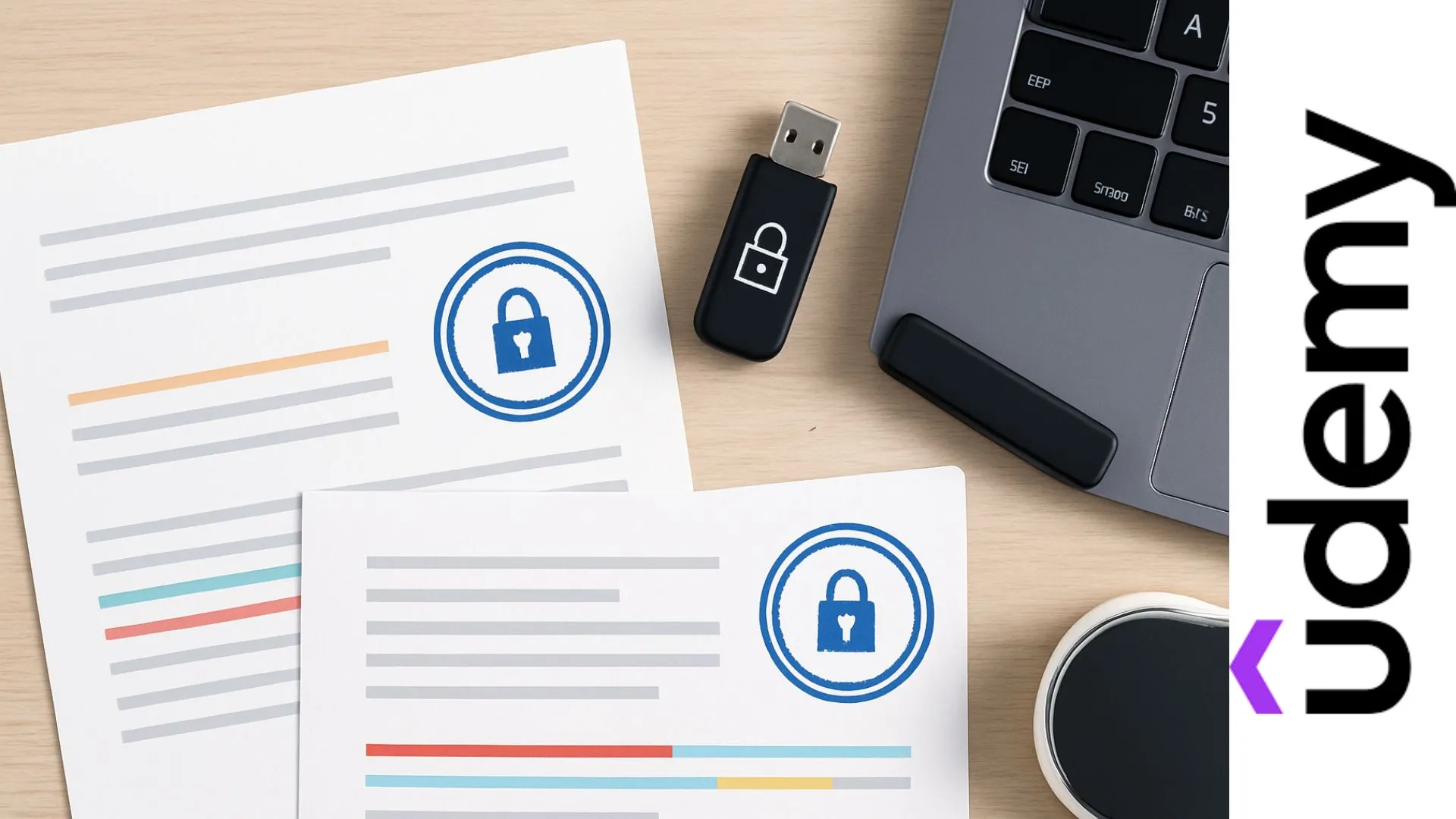 Vista superior de documentos fiscales con sellos digitales, firma electrónica USB y teclado iluminado sobre escritorio moderno
