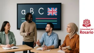 Estudiantes de diferentes nacionalidades aprendiendo inglés en un aula moderna frente a una pizarra digital con líneas de colores.