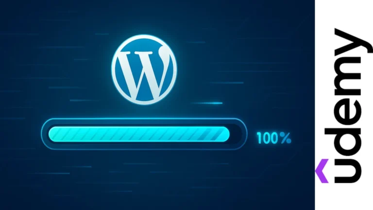 Logo de WordPress sobre una barra de progreso iluminada completando la instalación en fondo oscuro digital