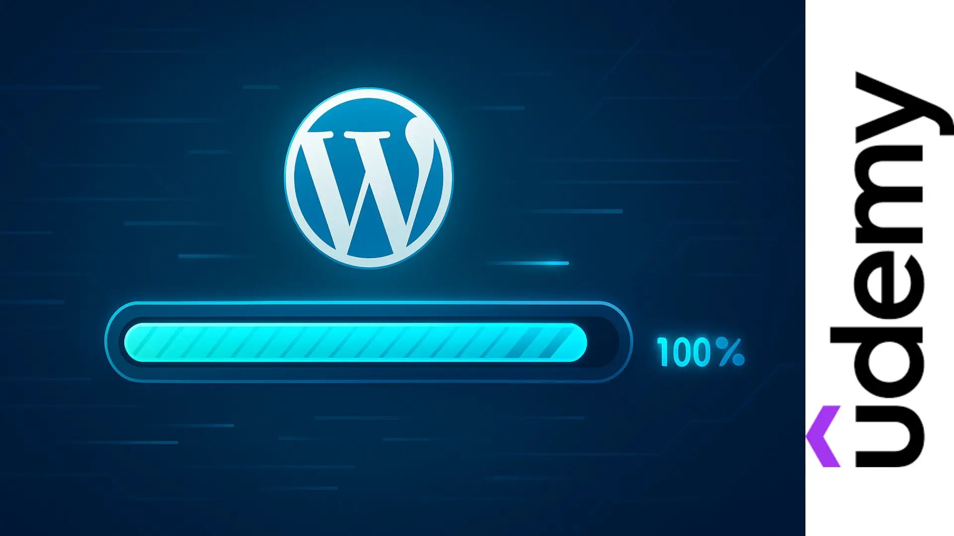 Logo de WordPress sobre una barra de progreso iluminada completando la instalación en fondo oscuro digital