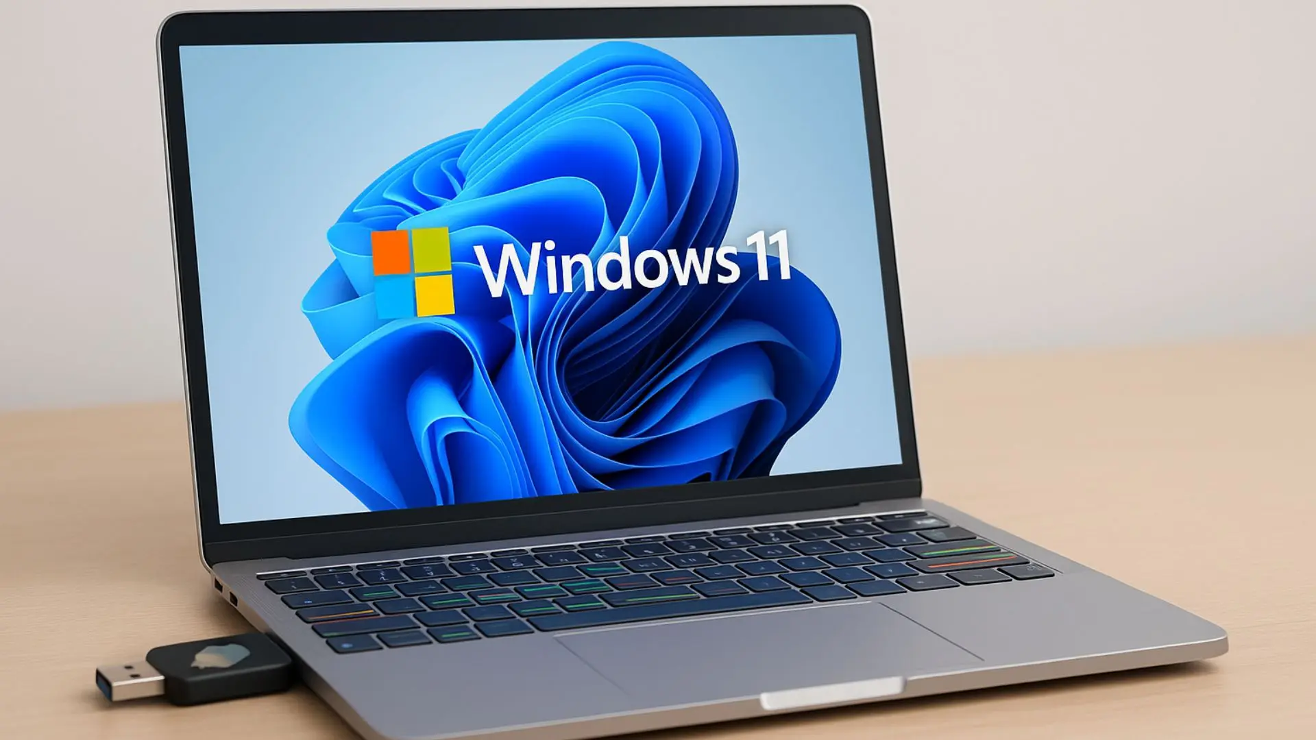 Portátil con Windows 11 en pantalla y memoria USB de Rufus conectada sobre un escritorio claro.
