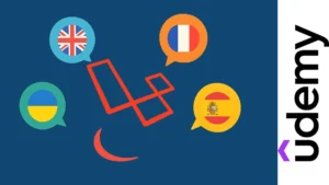Ilustración digital de una aplicación Laravel mostrando opciones de idiomas con banderas internacionales en una interfaz web