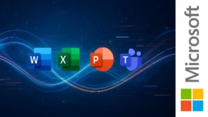 Logos de Microsoft Word, Excel, PowerPoint y Teams conectados por líneas de datos digitales sobre fondo azul, representando IA integrada