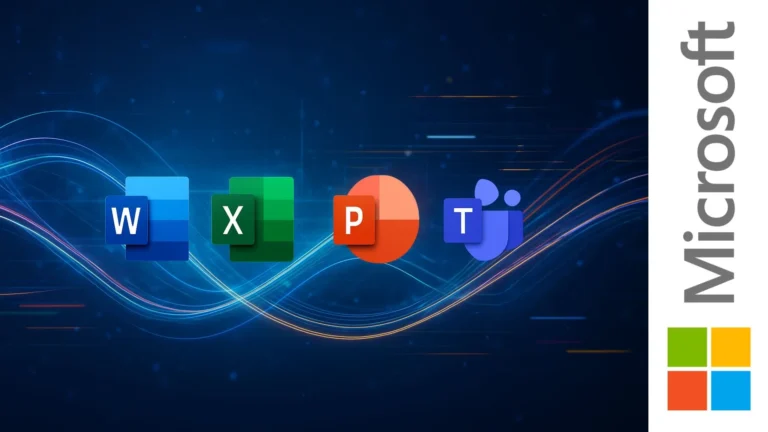 Logos de Microsoft Word, Excel, PowerPoint y Teams conectados por líneas de datos digitales sobre fondo azul, representando IA integrada