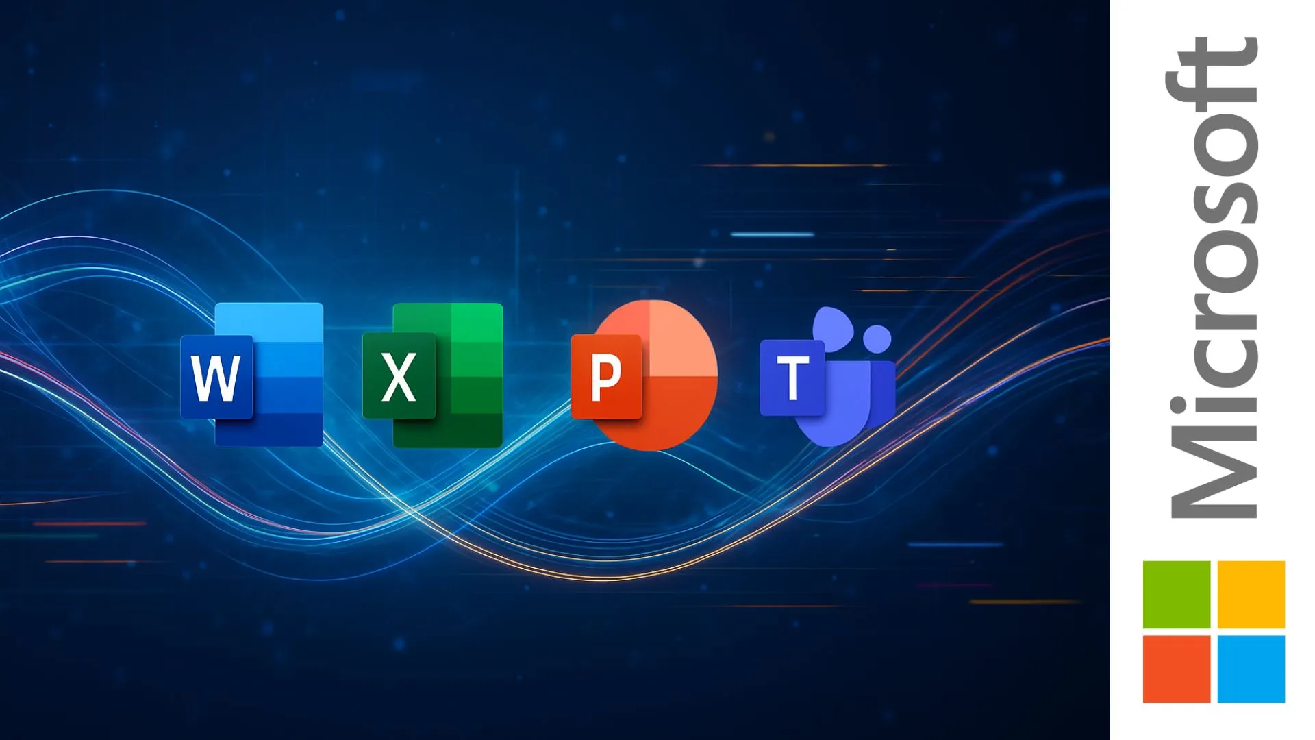 Logos de Microsoft Word, Excel, PowerPoint y Teams conectados por líneas de datos digitales sobre fondo azul, representando IA integrada