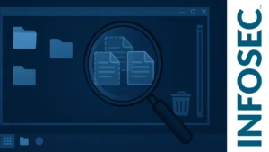 Interfaz de Windows azul con lupa analizando archivos ocultos o eliminados sobre fondo forense oscuro.