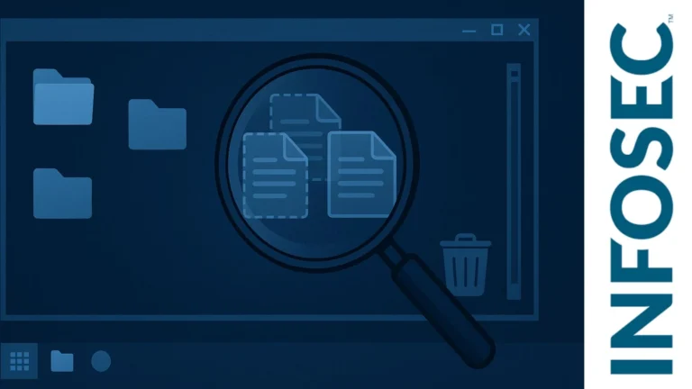 Interfaz de Windows azul con lupa analizando archivos ocultos o eliminados sobre fondo forense oscuro.