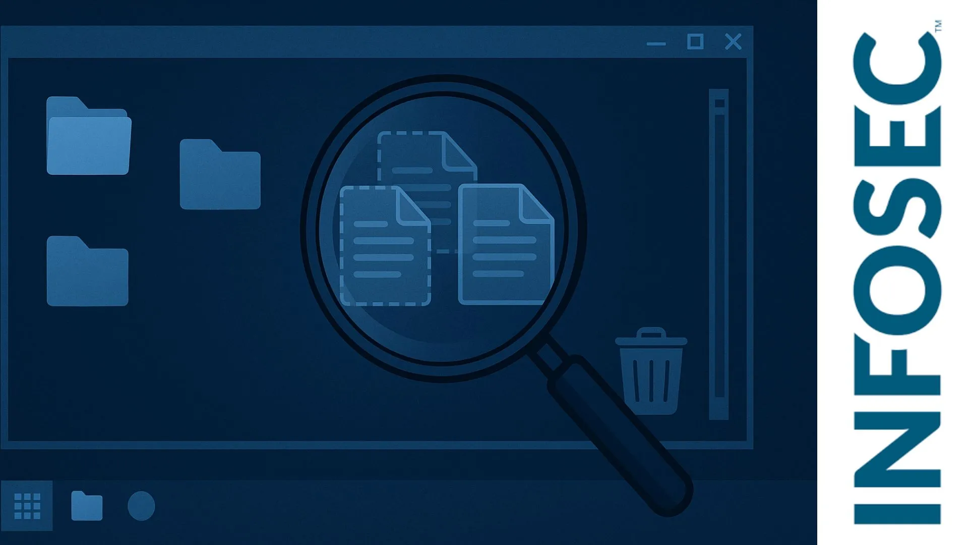 Interfaz de Windows azul con lupa analizando archivos ocultos o eliminados sobre fondo forense oscuro.