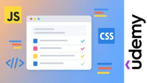 Ilustración de una aplicación Todo en un navegador con íconos de HTML, CSS y JavaScript alrededor