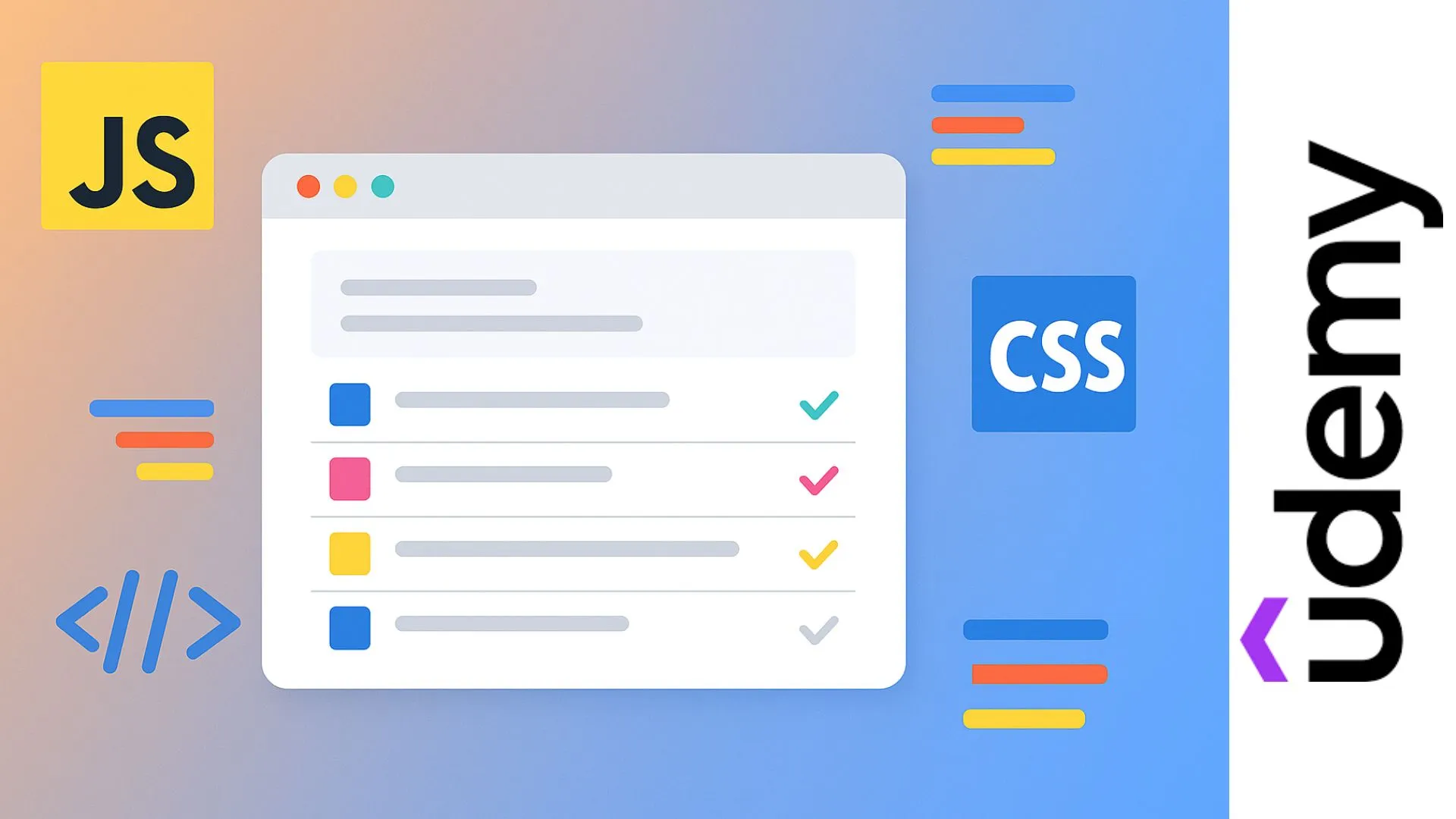 Ilustración de una aplicación Todo en un navegador con íconos de HTML, CSS y JavaScript alrededor