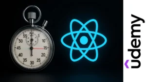 Cronómetro analógico junto al logo de React JS sobre fondo oscuro, representando un proyecto práctico de programación
