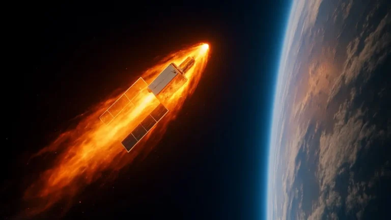 Satélite Starlink observando la reentrada de otro satélite hacia la atmósfera terrestre, con rastro de fuego visible sobre el planeta.