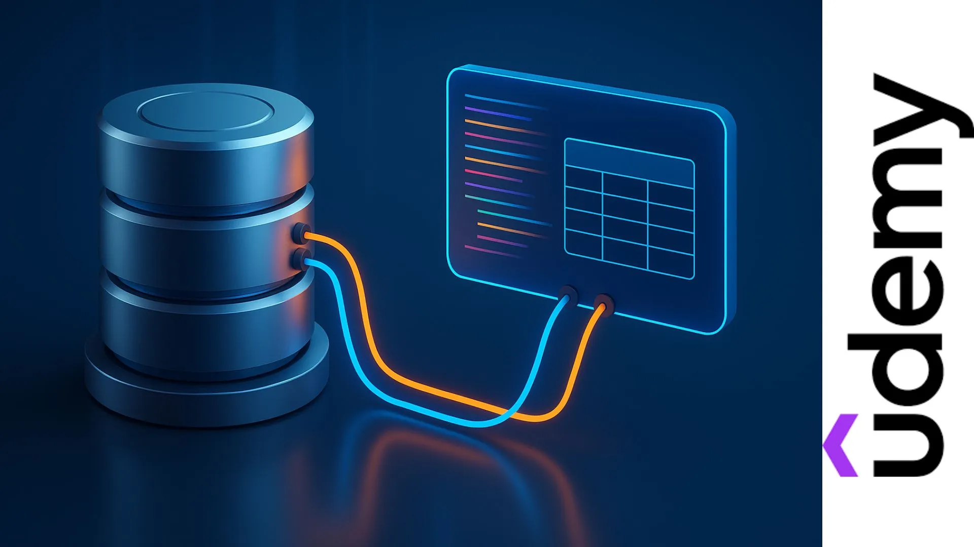 servidor digital conectado a pantalla flotante con cables luminosos azules y naranjas que representan el flujo de datos en Teradata SQL