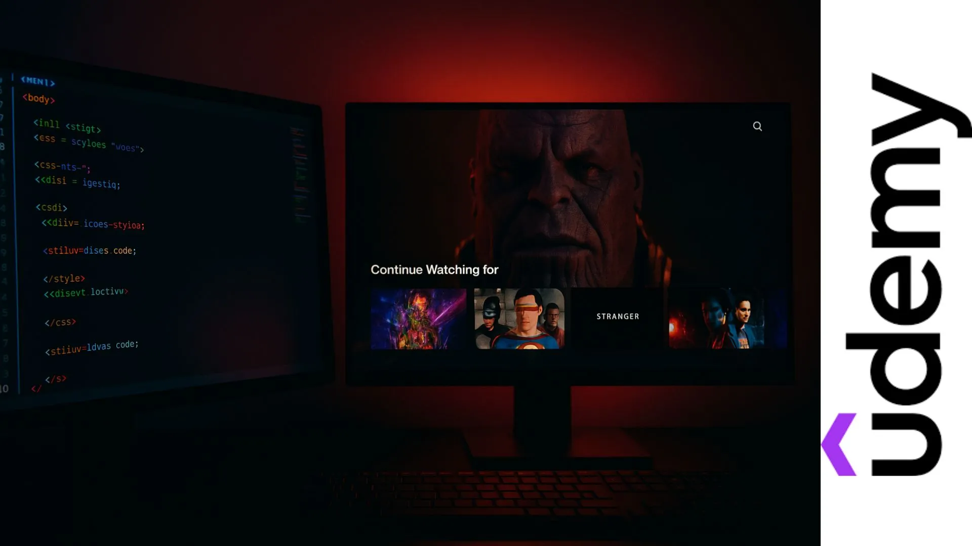 Vista dividida con monitor mostrando líneas de código coloridas y pantalla con interfaz tipo Netflix iluminada en tonos rojos y negros.