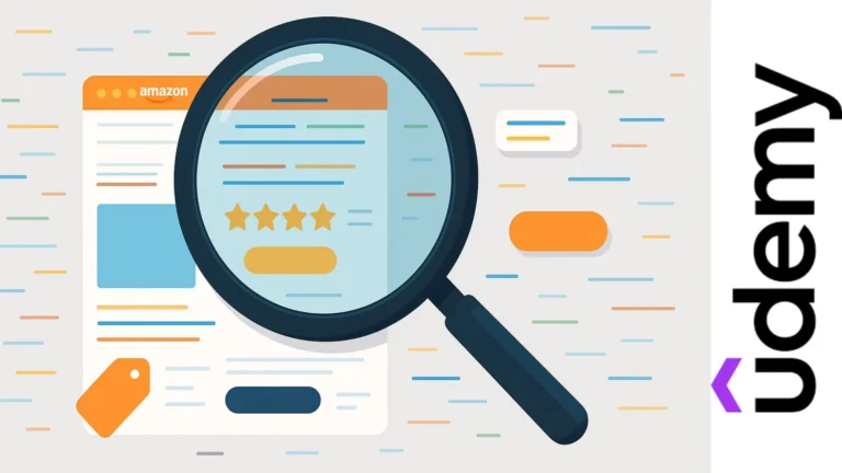 Lupa enfocando una página de productos tipo Amazon con líneas de código y elementos visuales de datos