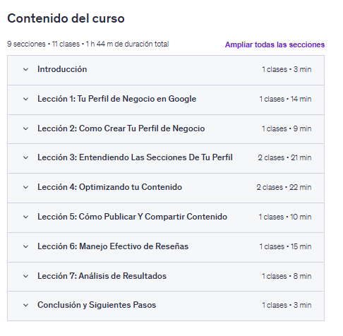 contenido del curso Google My Business Para Negocios Locales en udemy