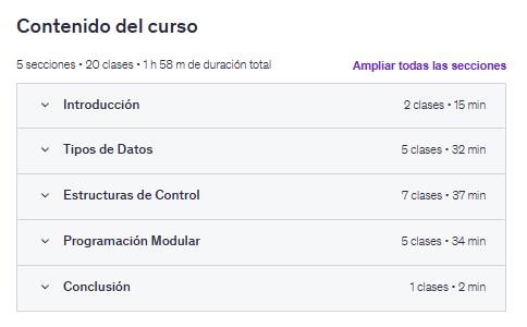 Contenido del curso "Kotlin para principiantes" en Udemy
