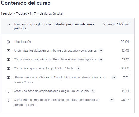 Contenido del curso "Aprende estos trucos de Google Looker Studio" en Udemy
