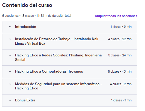 contenido del curso "Curso de Hacking Ético y Ciberseguridad para Principiantes" en Udemy