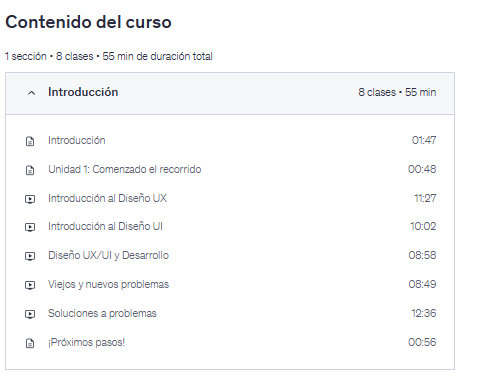 Contenido del curso "Preview UX/UI para Desarrolladores + Figma | Unidad Intro" en Udemy