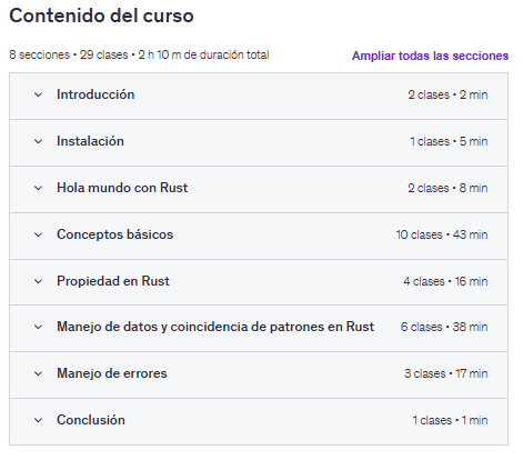 Contenido del curso "Rust para estudiantes de pregrado" en Udemy