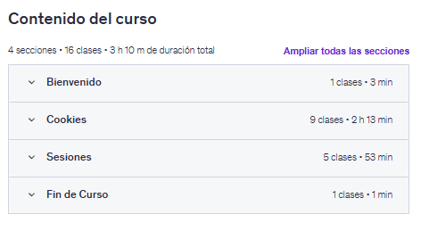 Contenido del curso "Programador web: Cookies y Sesiones en PHP" en Udemy