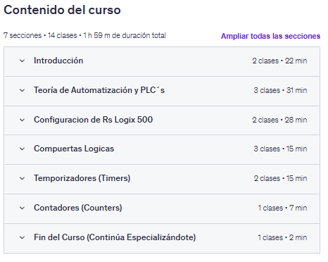 Contenido del curso "Introducción a Programación de PLC-Automatización industrial" en Udemy