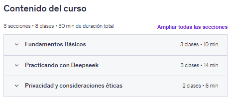 Contenido del curso "Curso Básico de DeepSeek 2025" en Udemy