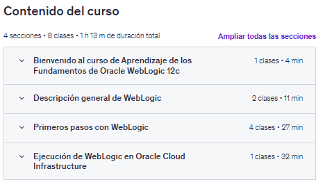 Contenido del curso "Introducción a Oracle WebLogic para administradores" en udemy