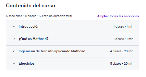 Contenido del curso "Ingeniería de Tránsito. Aplicando Mathcad." en Udemy