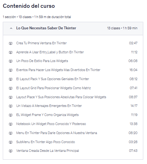 Contenido del curso "Curso Rápido De Tkinter En Menos De 2 Hora" en Udemy