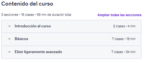 Contenido del curso "Programación en Elixir para principiantes" en Udemy