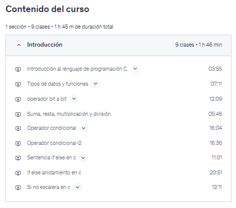 Contenido del curso "Tutorial de programación en C" en Udemy