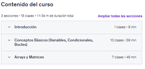 Contenido del curso "Aprende Java desde cero con 17 ejercicios prácticos" en Udemy