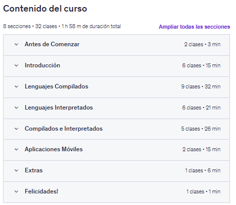 Contenido del curso "Introducción a la Programación en Varios Lenguajes" en Udemy