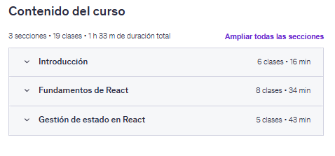 Contenido del curso "React.js: desde lo básico hasta lo avanzado" en Udemy