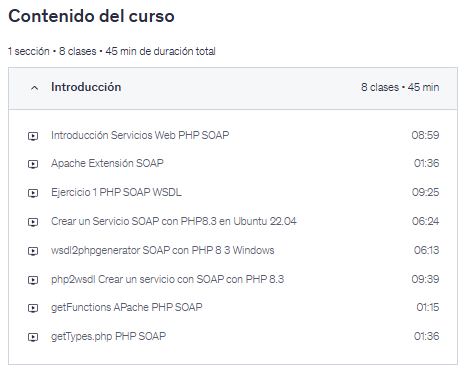 Contenido del curso "DAW. Desarrollo Web Entorno Servidor. SOAP con PHP 8.3" en Udemy