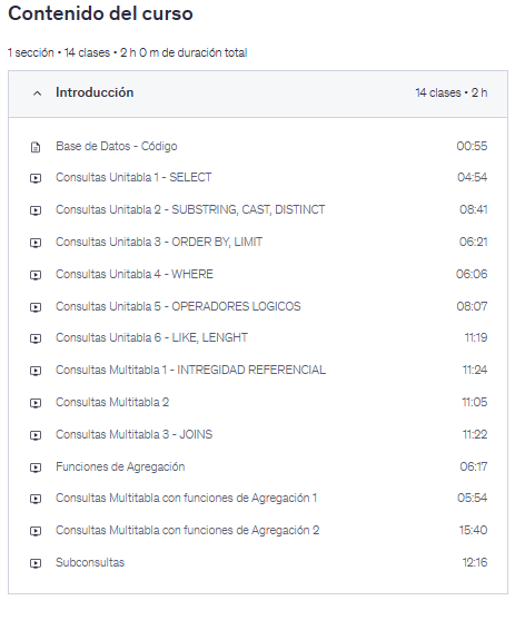 Contenido del curso "Taller de Consultas SQL" en Udemy