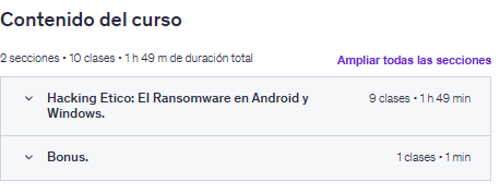Contenido del curso "Curso de Hacking Etico: El Ransomware en Android y Windows" en Udemy