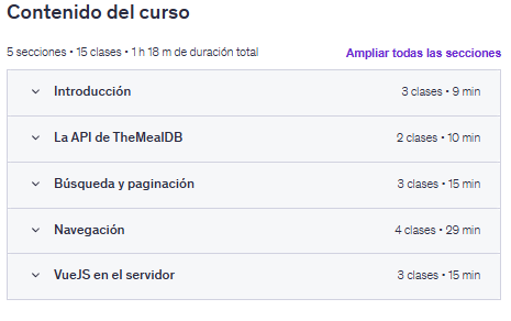 Contenido del curso "Obtener datos de una API con VueJS (Options API)" en Udemy