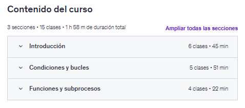 Contenido del curso "Lo básico de Pseudocódigo" en Udemy