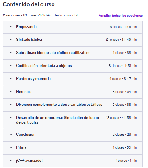 Contenido del curso "Tutorial de C++ para principiantes" en Udemy