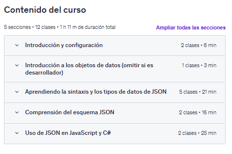Contenido del curso "Curso intensivo de JSON" en Udemy